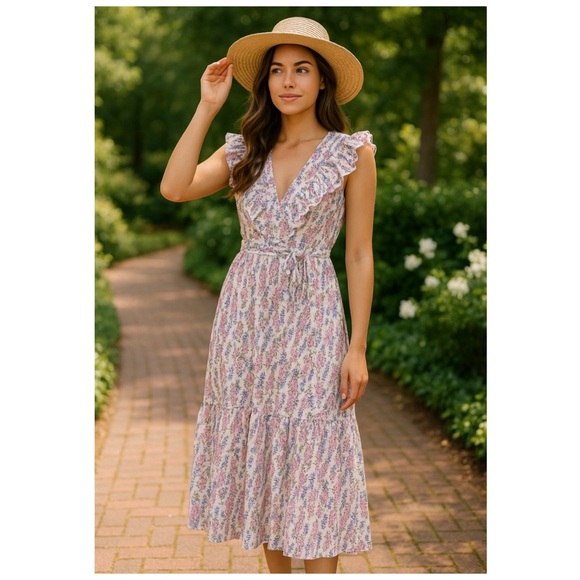 BY TIMO Floral Ruffle V Neck Midi Dress White Pink NWT Size XL - Picture 3 of 14